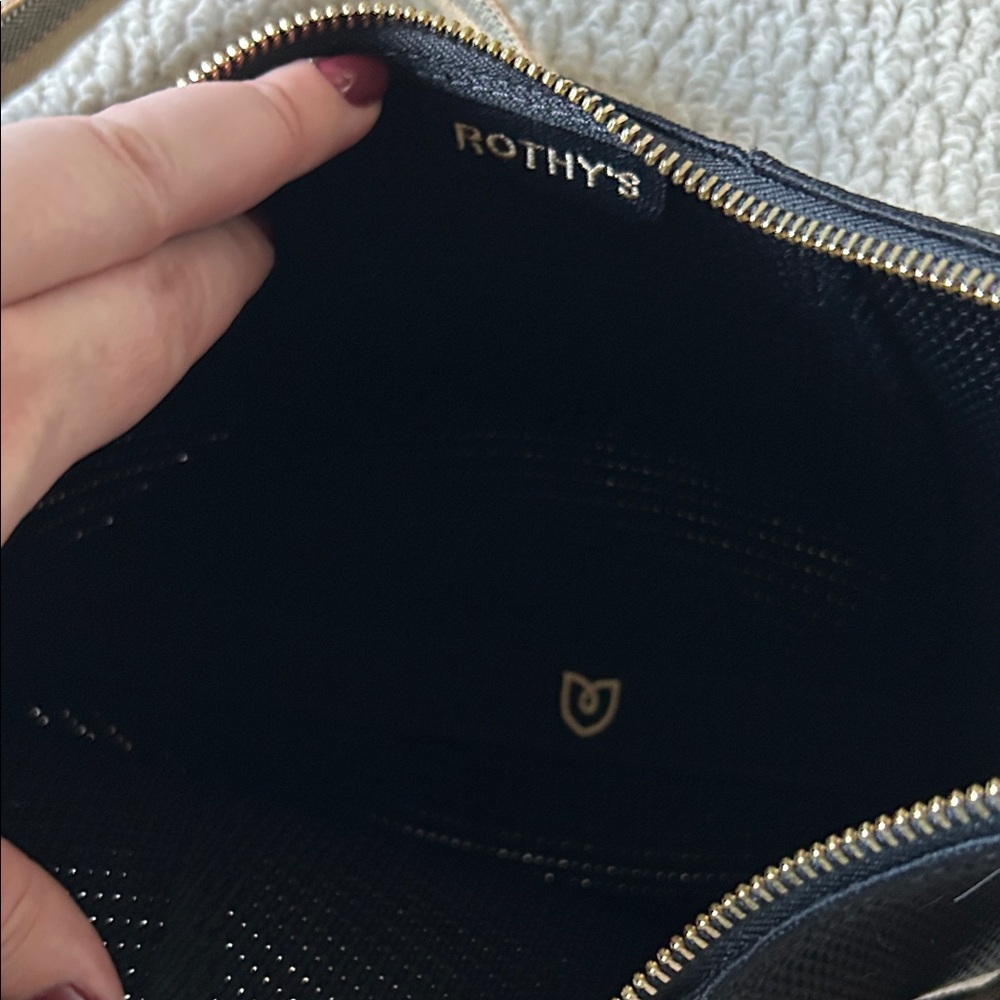 Rothy's Black Crescent Shoulder Bag with Tan Trim and Striped Strap - Picture 5 of 5